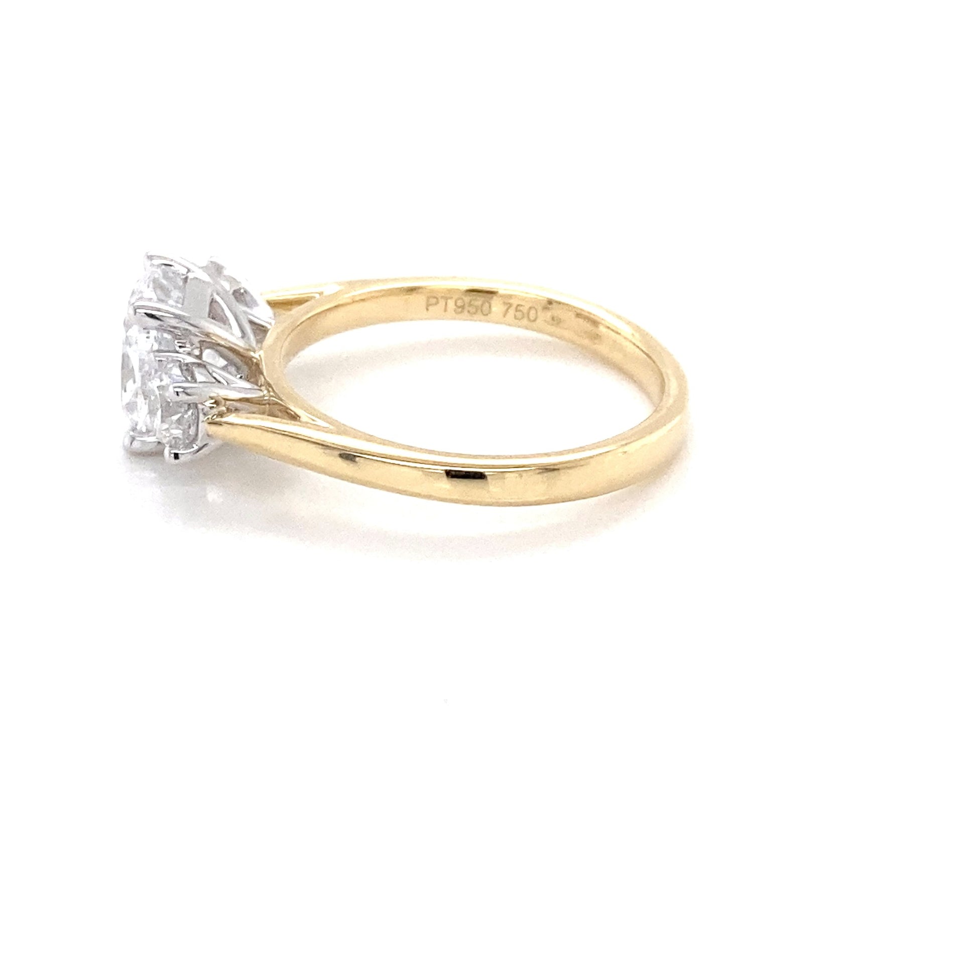 Yellow Gold Cushion and round brilliant cut diamond 3 stone ring - 2.10cts Gardiner Brothers