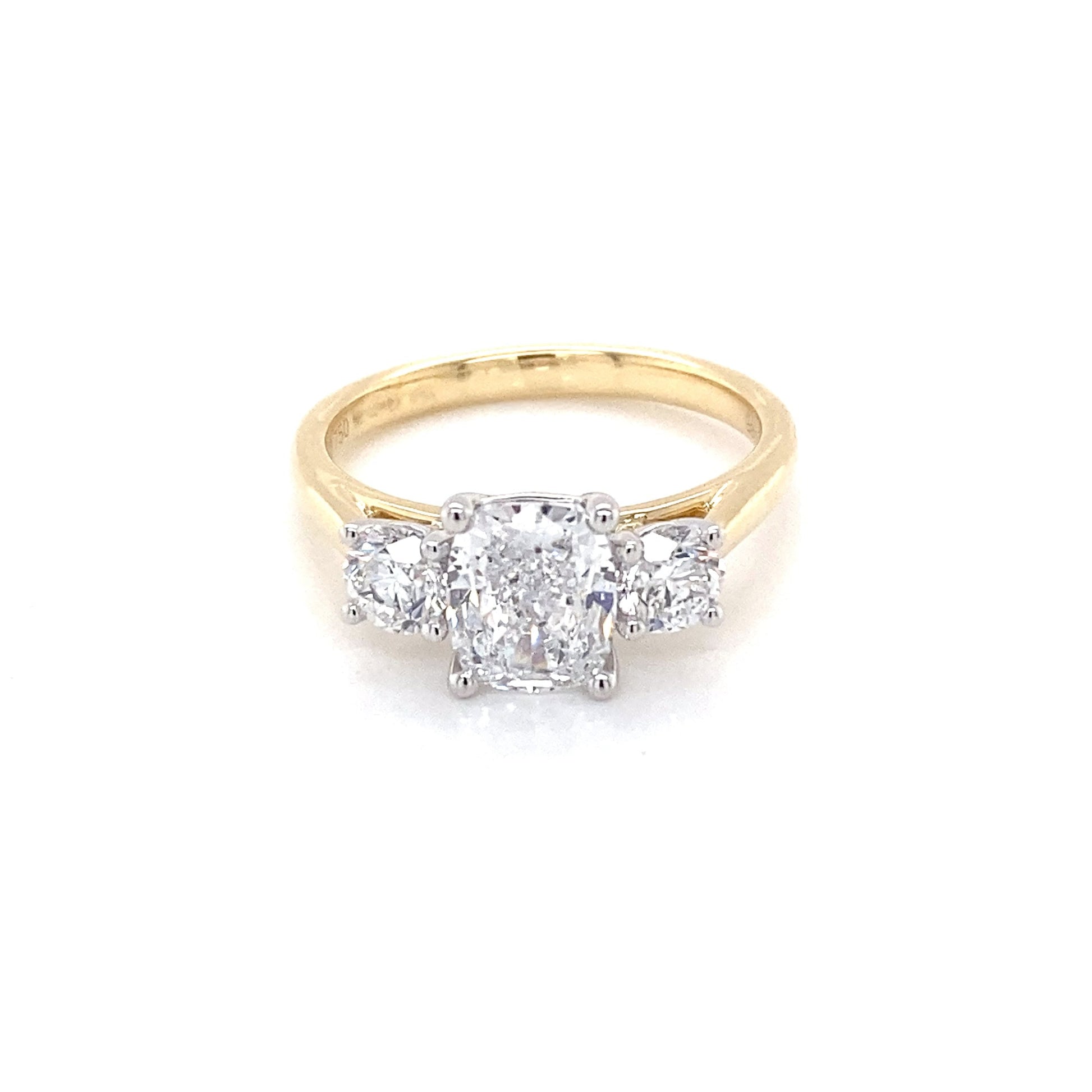 Yellow Gold Cushion and round brilliant cut diamond 3 stone ring - 2.10cts Gardiner Brothers