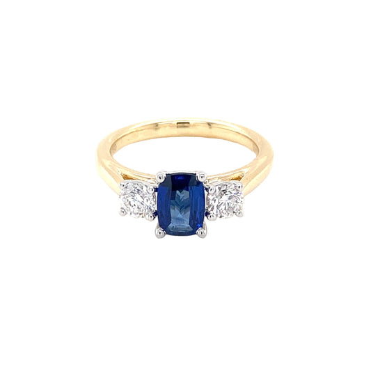 Cushion Shaped Sapphire and round brilliant cut diamond 3 stone ring Gardiner Brothers