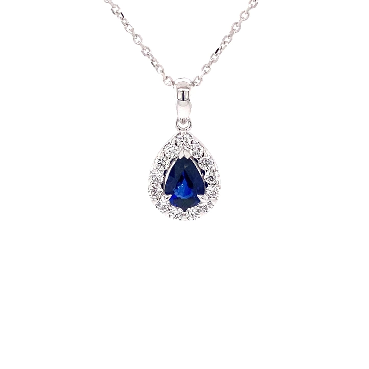 Pear Shaped Sapphire and diamond halo style pendant Gardiner Brothers