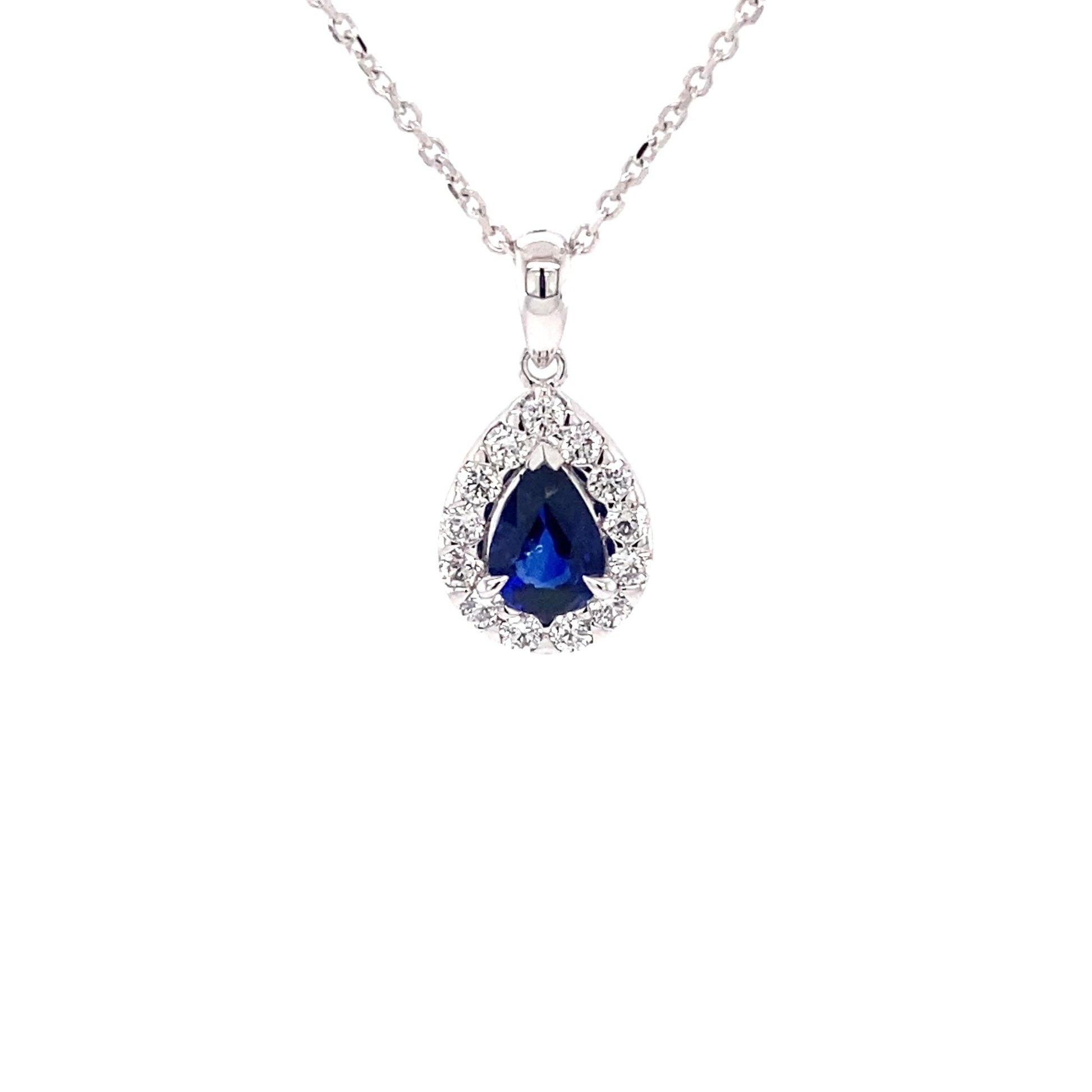 Pear Shaped Sapphire and diamond halo style pendant Gardiner Brothers