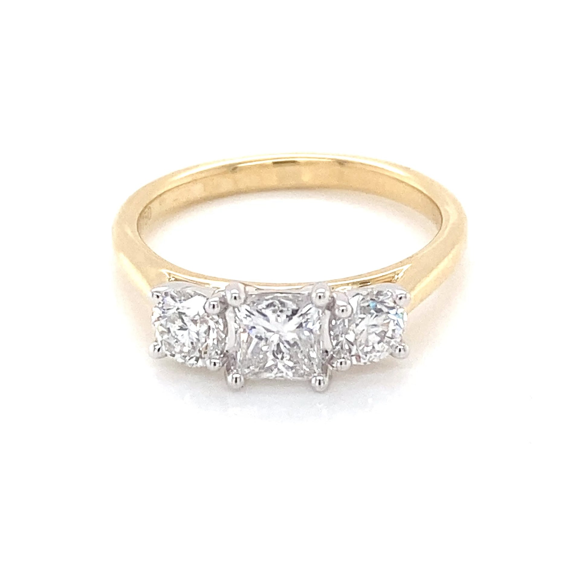 Yellow Gold Princess and round brilliant cut diamond 3 stone ring - 1.24cts Gardiner Brothers