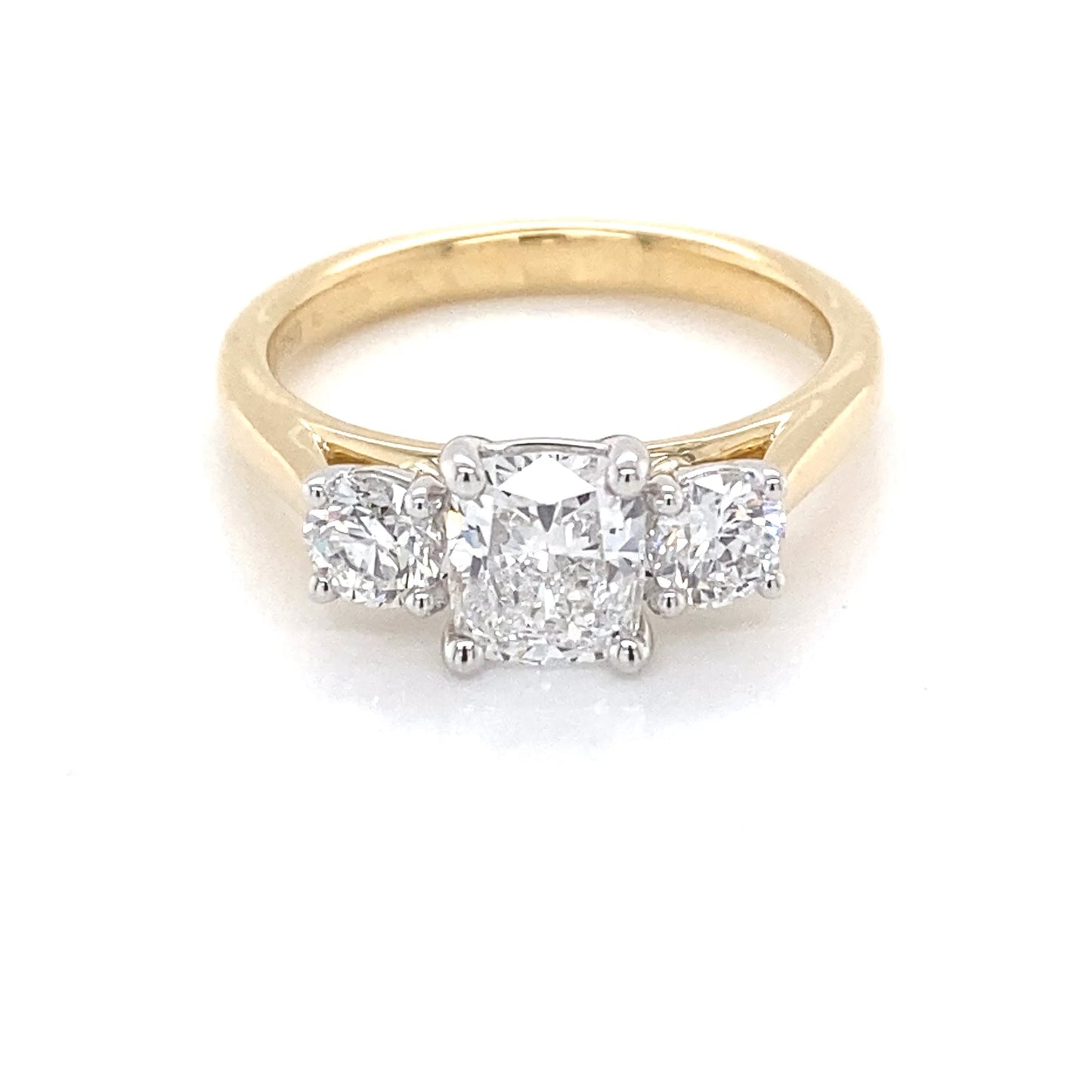 Yellow Gold Cushion and round brilliant cut diamond 3 stone ring - 1.52cts Gardiner Brothers