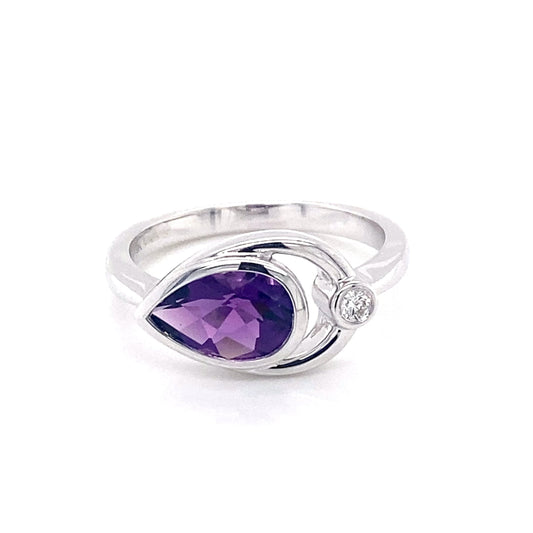 Pear Shaped Amethyst and round brilliant cut diamond ring Gardiner Brothers