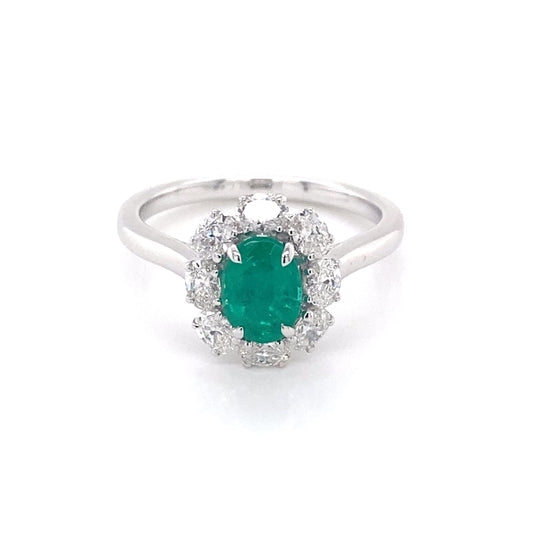 Oval shaped emerald and oval diamond cluster style ring Gardiner Brothers