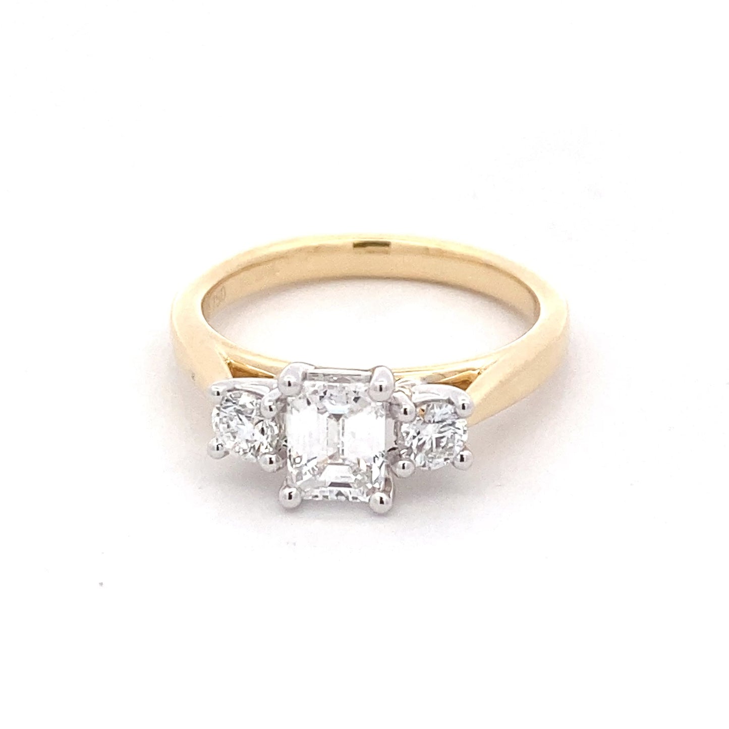 Yellow Gold Emerald and round brilliant cut diamond 3 stone ring - 1.03cts Gardiner Brothers