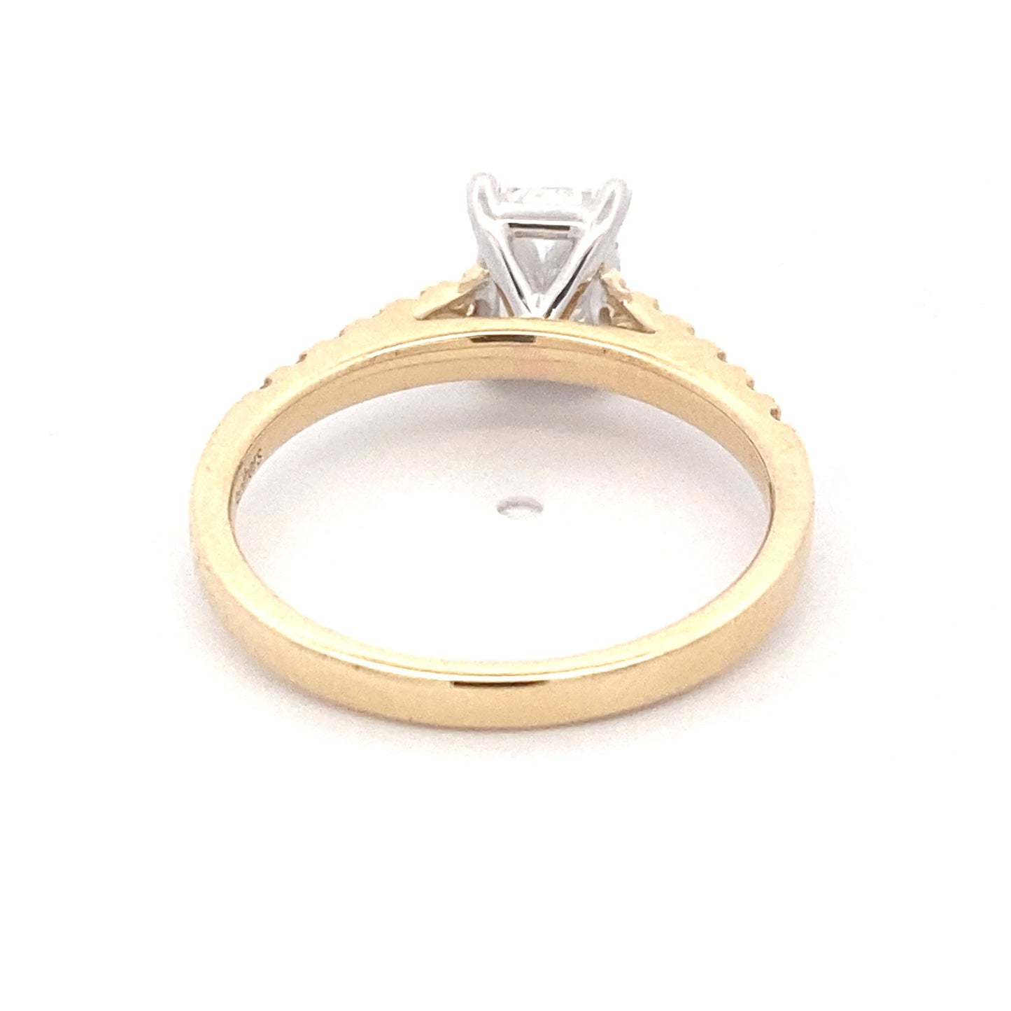 Yellow Gold Radiant cut diamond solitaire ring with round brilliant cut diamond set shoulders - 1.26cts Gardiner Brothers
