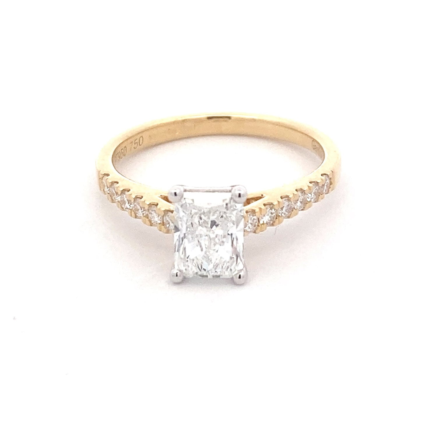 Yellow Gold Radiant cut diamond solitaire ring with round brilliant cut diamond set shoulders - 1.26cts Gardiner Brothers