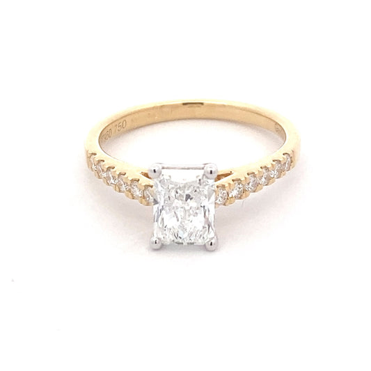 Yellow Gold Radiant cut diamond solitaire ring with round brilliant cut diamond set shoulders - 1.26cts Gardiner Brothers