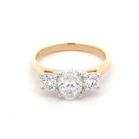 Yellow Gold Oval and round brilliant cut diamond 3 stone ring - 1.40cts Gardiner Brothers