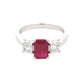Octagonal Ruby and round brilliant cut diamond 3 stone ring Gardiner Brothers