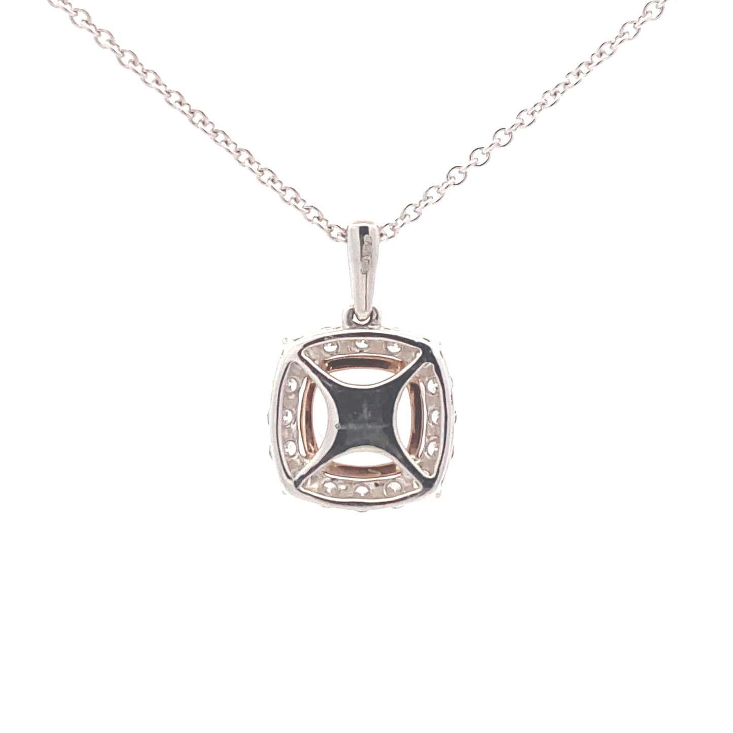 Cushion Shaped Morganite and round brilliant cut diamond halo pendant Gardiner Brothers
