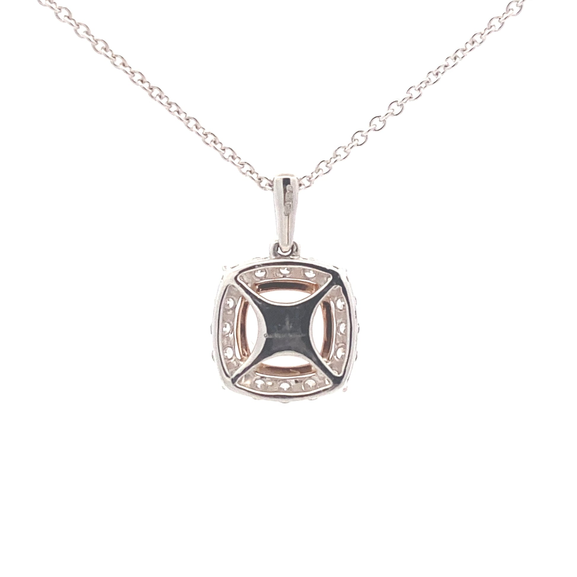 Cushion Shaped Morganite and round brilliant cut diamond halo pendant Gardiner Brothers