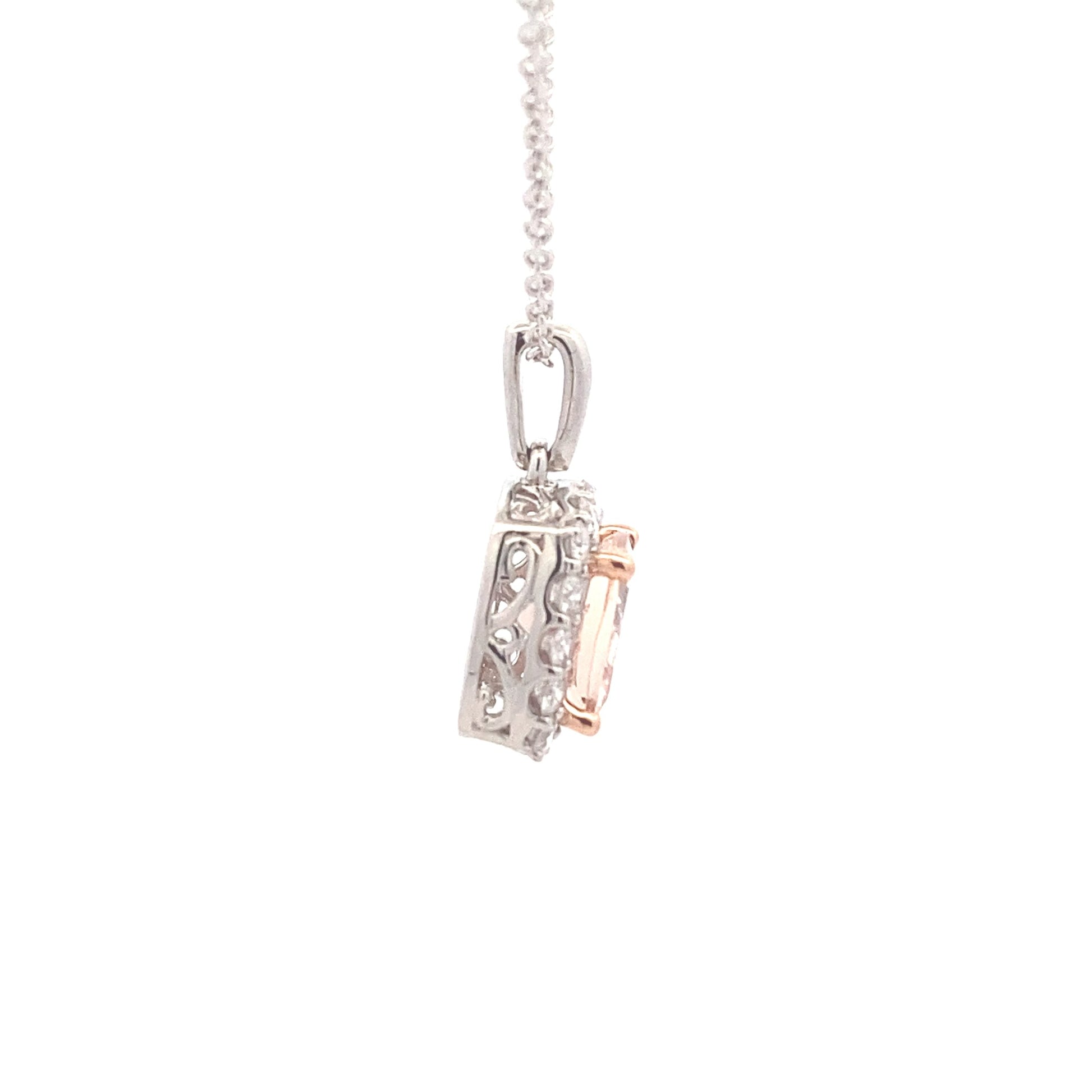 Cushion Shaped Morganite and round brilliant cut diamond halo pendant Gardiner Brothers