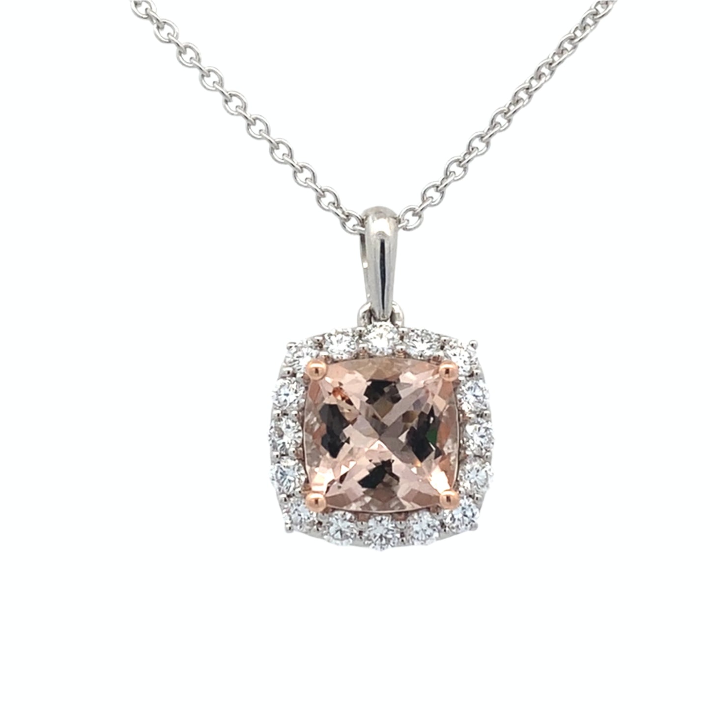 Cushion Shaped Morganite and round brilliant cut diamond halo pendant Gardiner Brothers