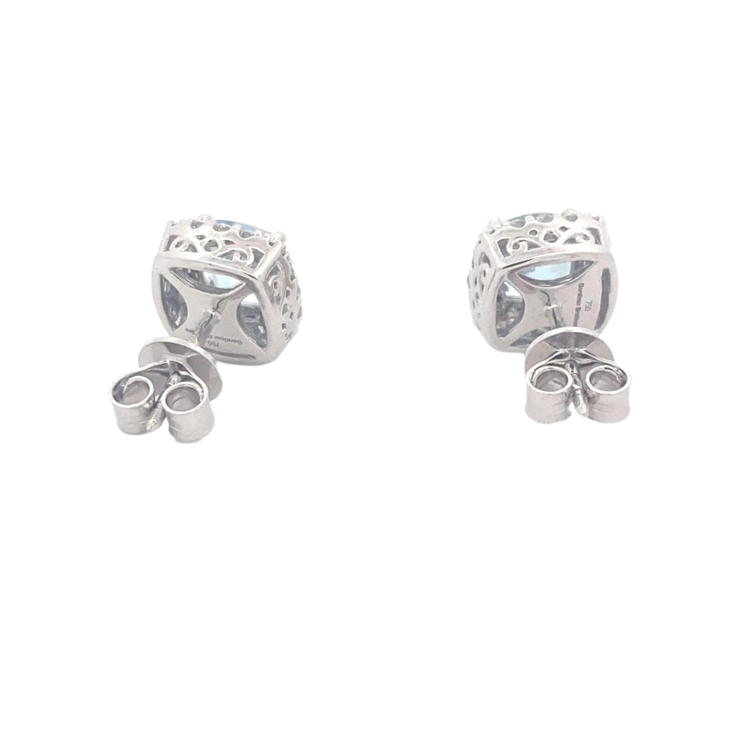 Cushion Shaped Aquamarine and round brilliant cut diamond earrings Gardiner Brothers
