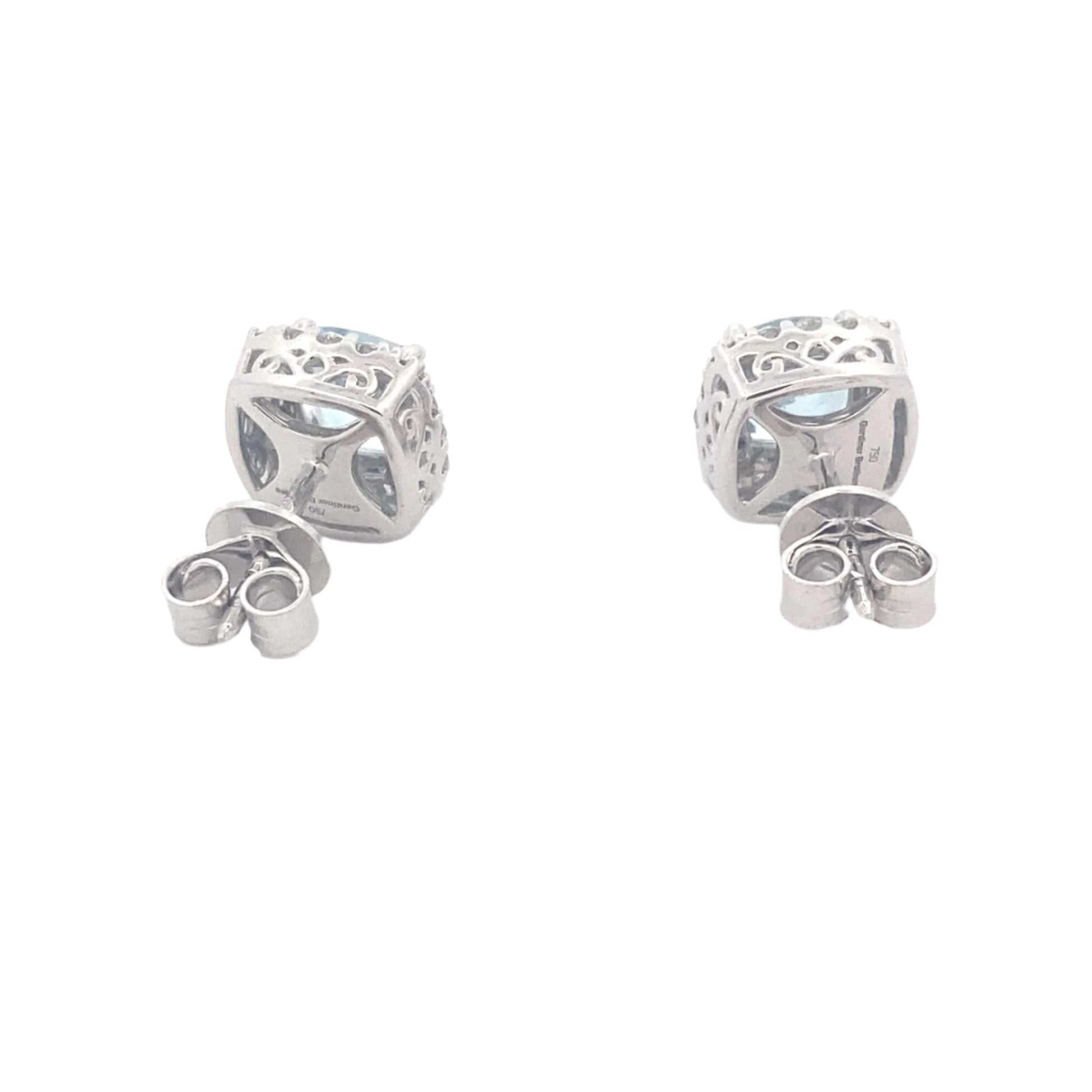 Cushion Shaped Aquamarine and round brilliant cut diamond earrings Gardiner Brothers