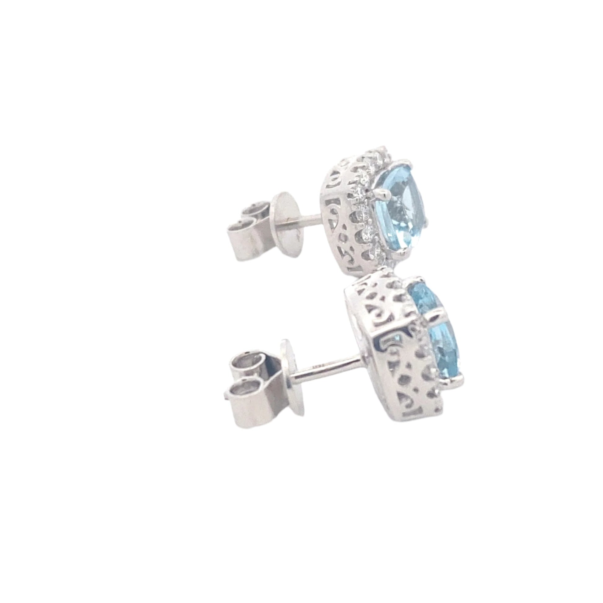 Cushion Shaped Aquamarine and round brilliant cut diamond earrings Gardiner Brothers