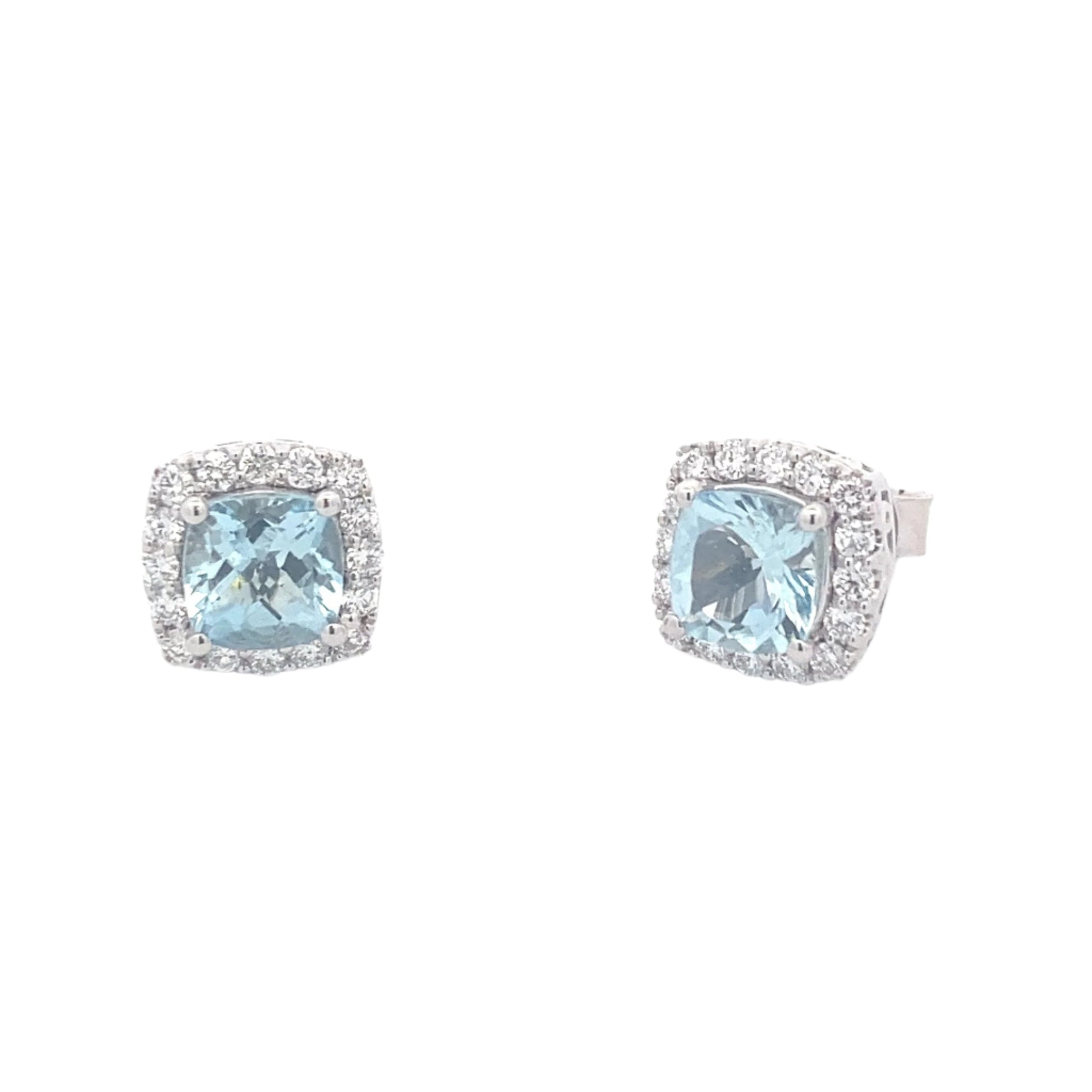 Cushion Shaped Aquamarine and round brilliant cut diamond earrings Gardiner Brothers