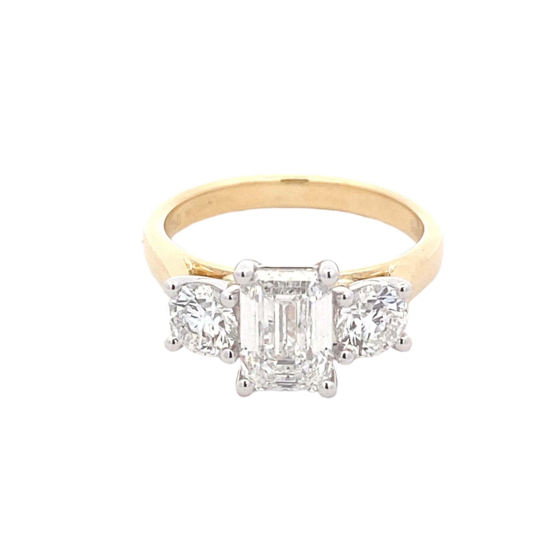 Emerald and round brilliant cut diamond 3 stone ring - 2.31cts Gardiner Brothers