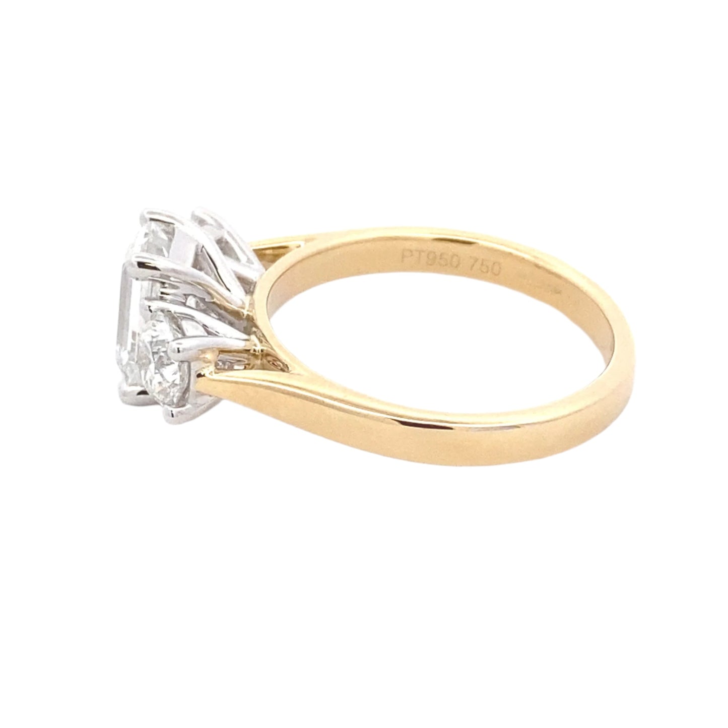 Yellow Gold Emerald and round brilliant cut diamond 3 stone ring - 2.31cts Gardiner Brothers