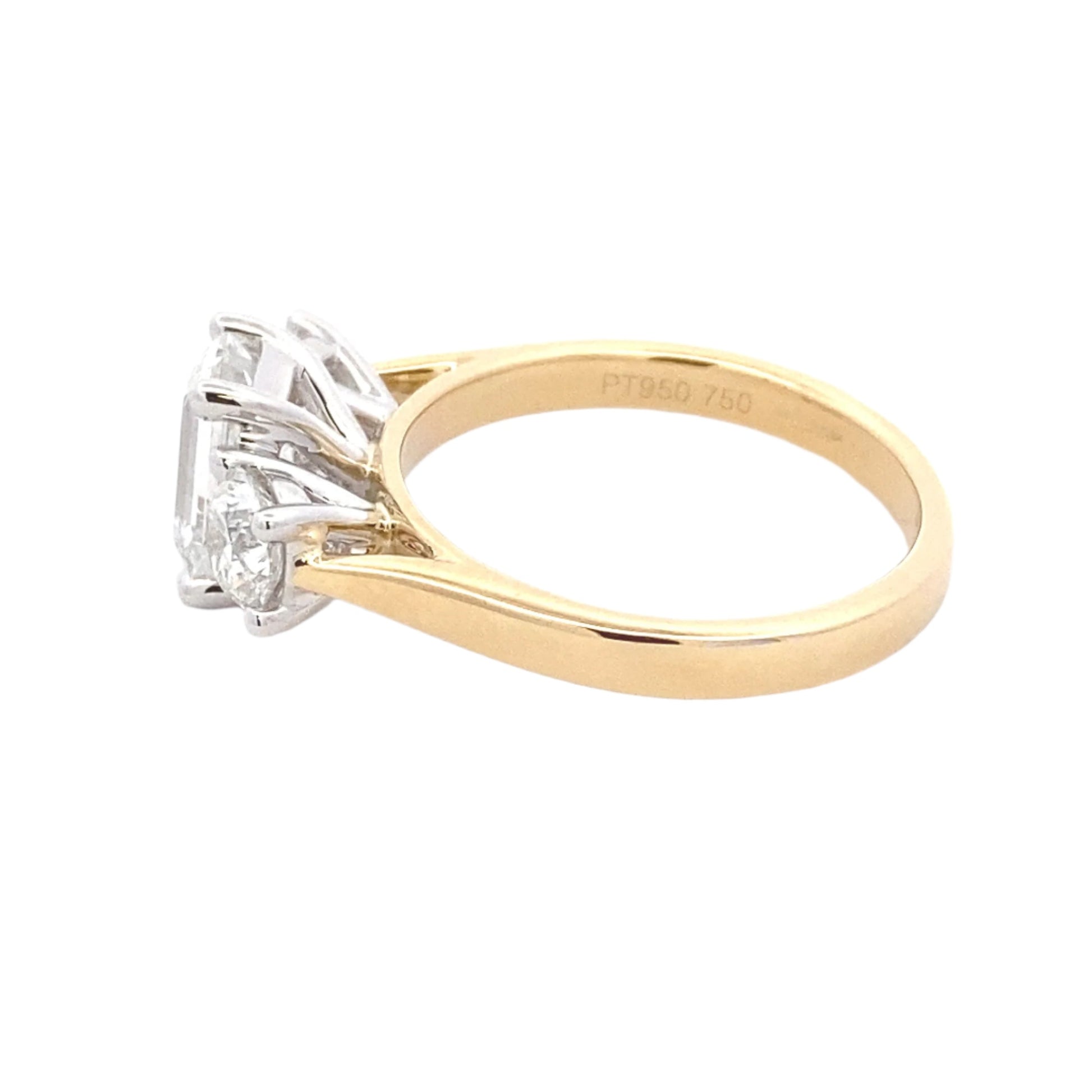 Yellow Gold Emerald and round brilliant cut diamond 3 stone ring - 2.31cts Gardiner Brothers