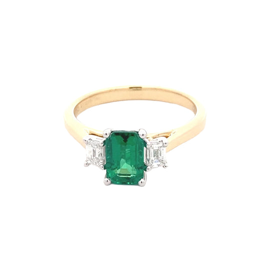 Octagonal emerald and emerald cut diamond 3 stone ring Gardiner Brothers