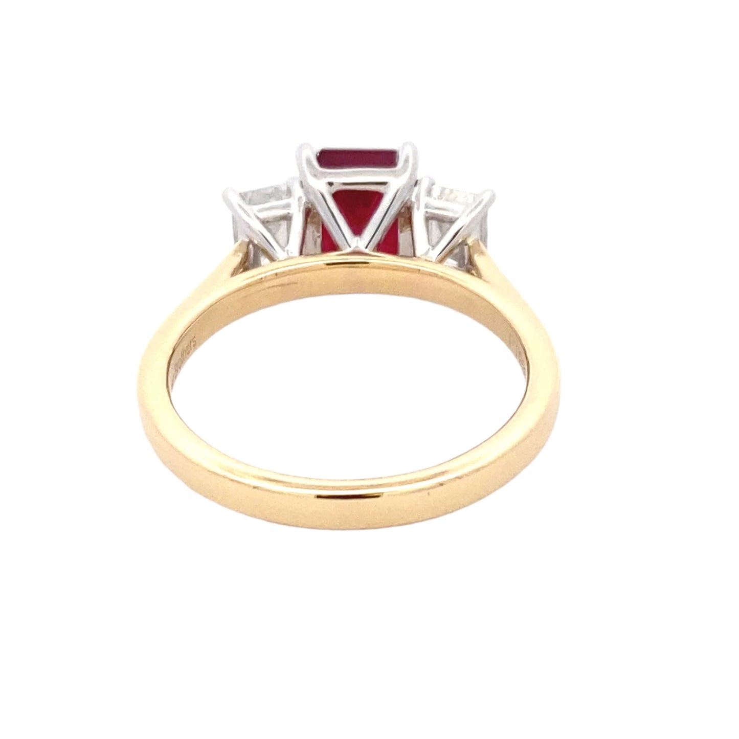 Octagonal Ruby and emerald cut diamond 3 stone ring Gardiner Brothers