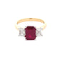 Octagonal Ruby and emerald cut diamond 3 stone ring Gardiner Brothers