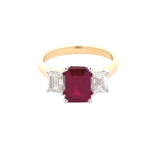 Octagonal Ruby and emerald cut diamond 3 stone ring Gardiner Brothers