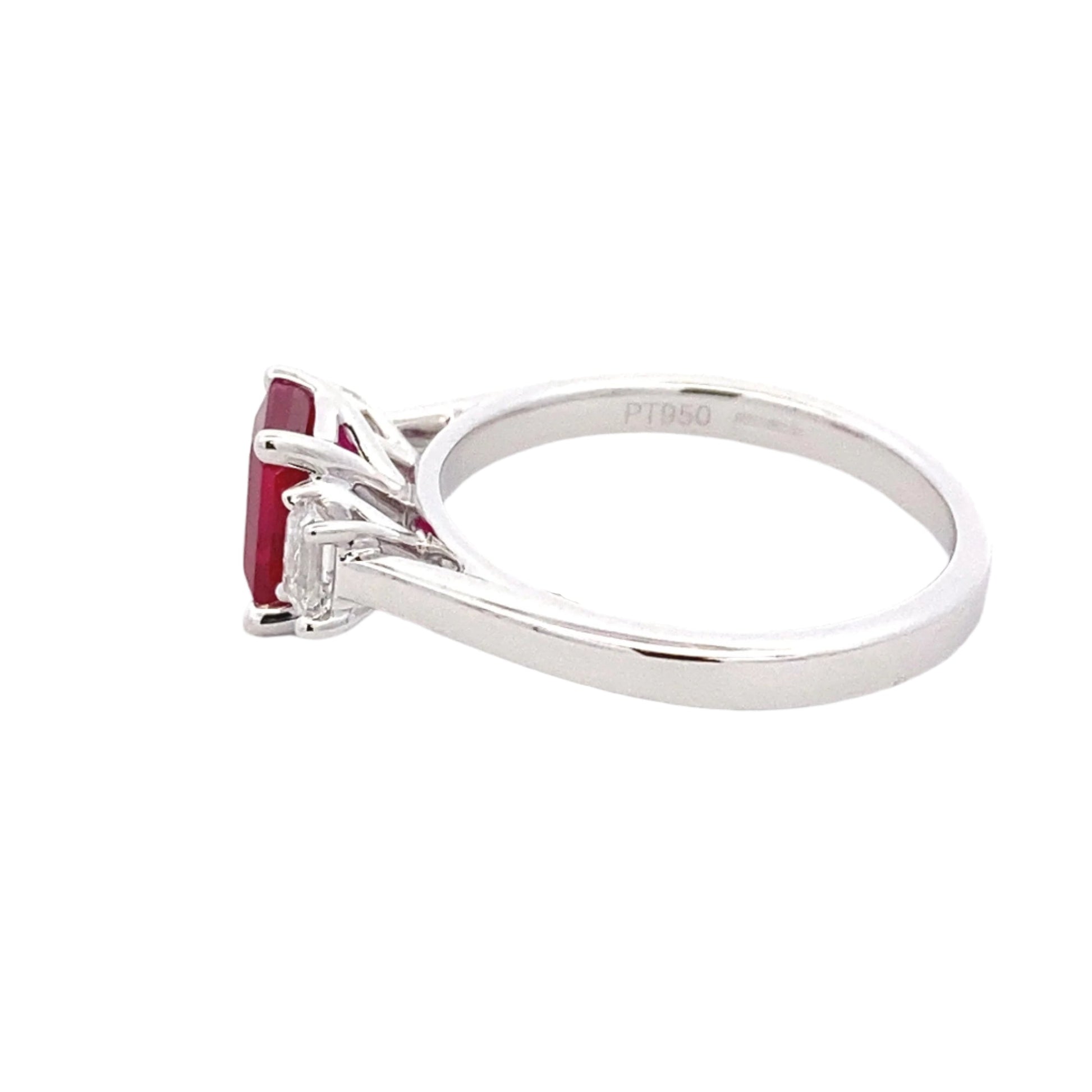Octagonal shaped Ruby and emerald cut diamond 3 stone ring Gardiner Brothers