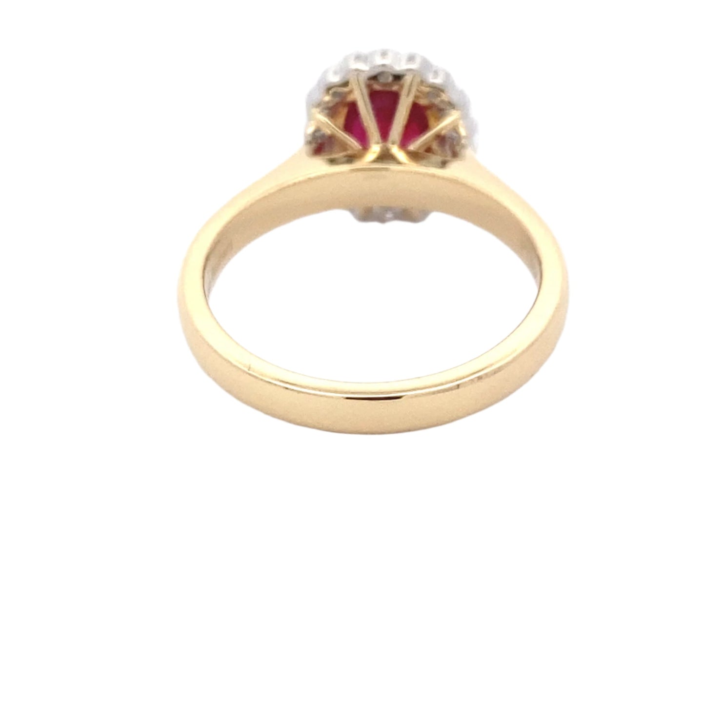 Oval ruby and round brilliant cut diamond vintage style cluster ring Gardiner Brothers