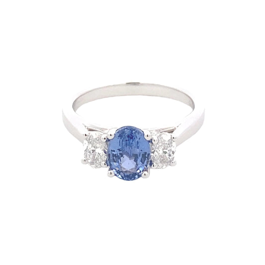 Oval Shaped Ceylon Sapphire and oval diamond 3 stone ring Gardiner Brothers