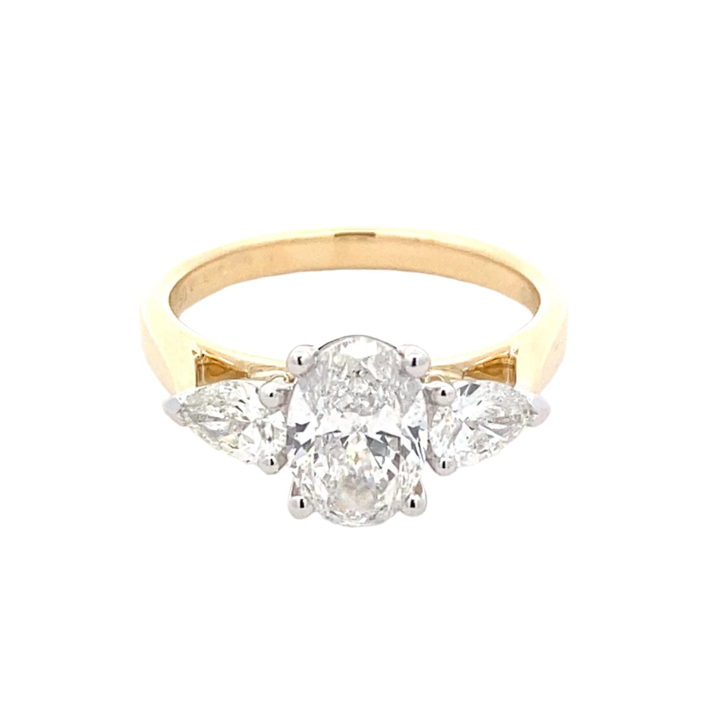 Yellow Gold Oval and pear shaped diamond 3 stone ring - 1.70cts Gardiner Brothers