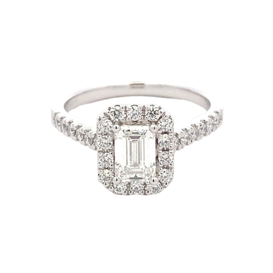 Platinum Emerald cut diamond halo cluster style ring - 1.16cts Gardiner Brothers