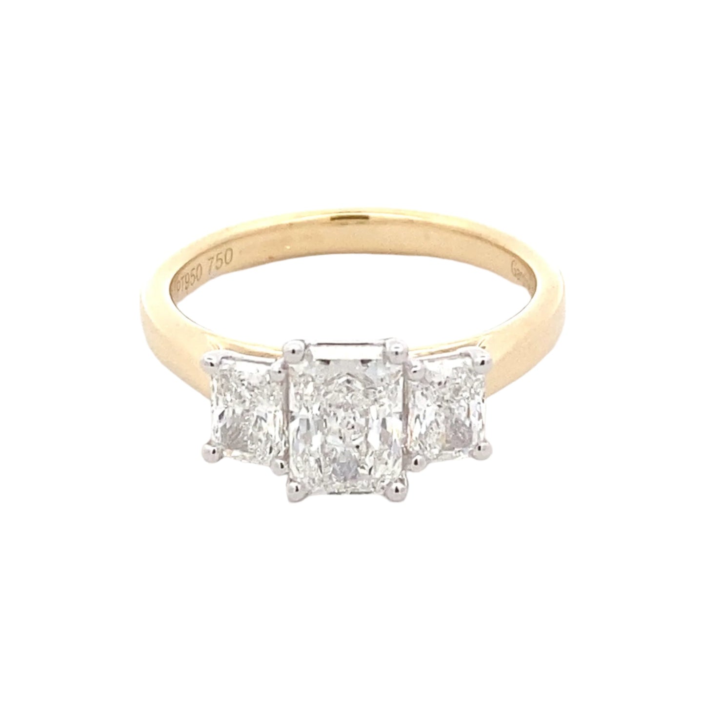 Yellow Gold Radiant cut diamond 3 stone ring - 1.56cts Gardiner Brothers