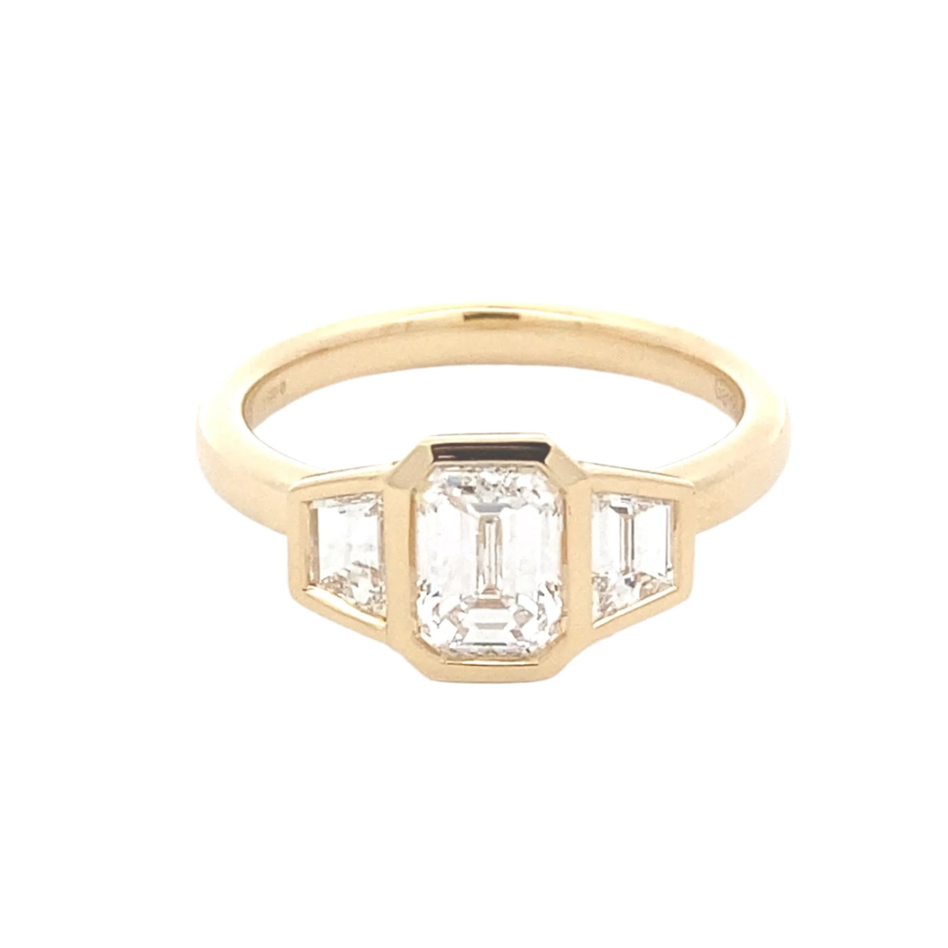 Yellow Gold Emerald cut and Trapezoid diamond Bezel Set 3 stone ring - 1.34cts Gardiner Brothers