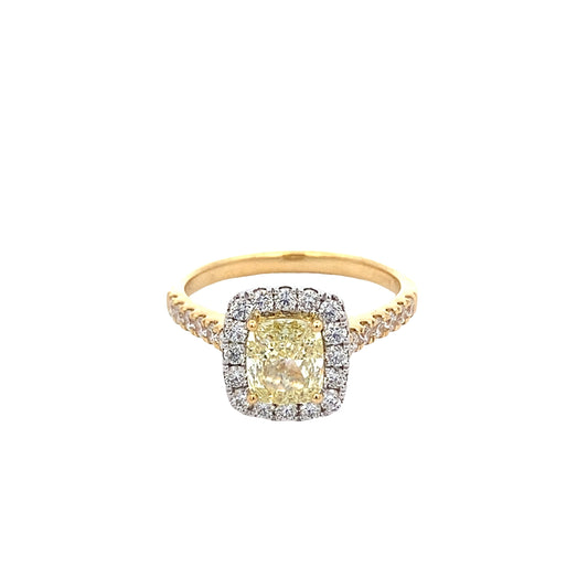 Yellow Gold cushion shaped Yellow diamond halo cluster style ring - 1.77cts Gardiner Brothers