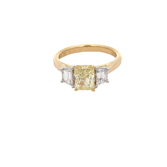 Yellow Gold Radiant cut yellow Diamond and white trapezoid diamond 3 stone ring - 1.93cts Gardiner Brothers