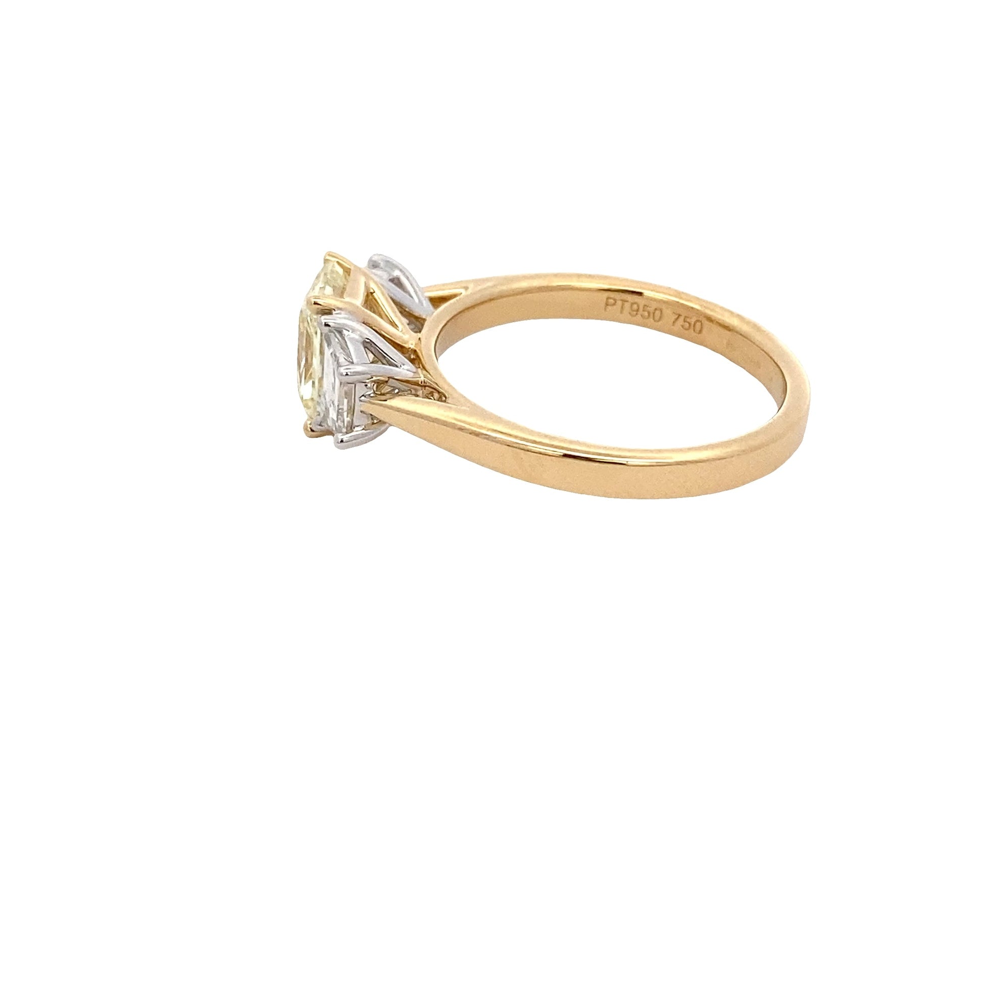 Yellow Gold Radiant cut yellow Diamond and white trapezoid diamond 3 stone ring - 1.93cts Gardiner Brothers
