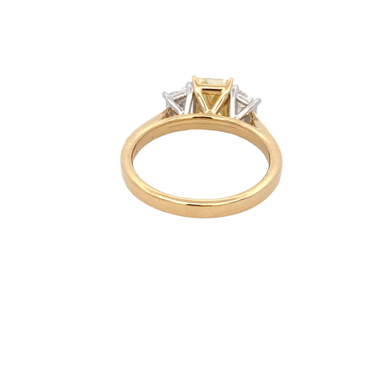 Yellow Gold Radiant cut yellow Diamond and white trapezoid diamond 3 stone ring - 1.93cts Gardiner Brothers