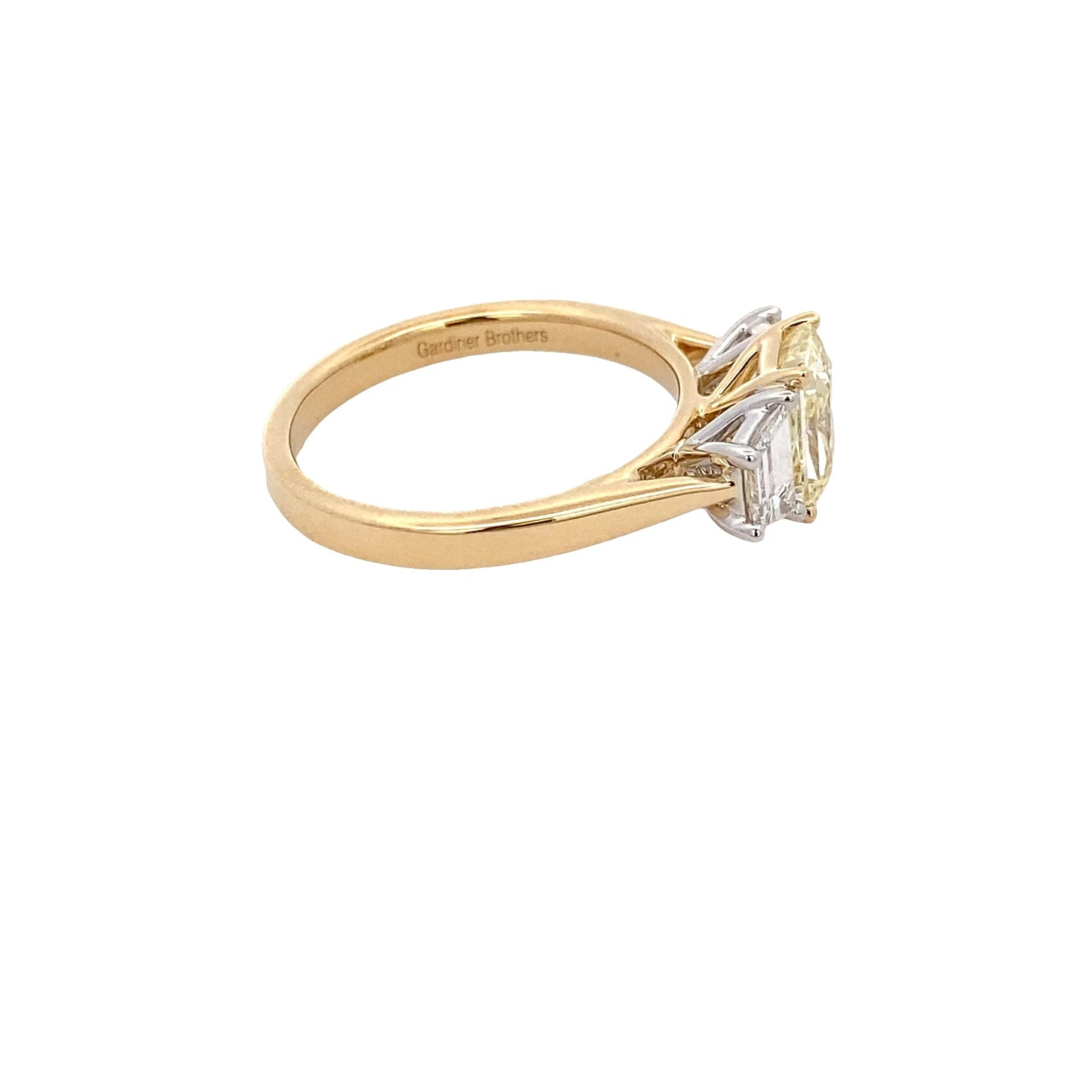 Yellow Gold Radiant cut yellow Diamond and white trapezoid diamond 3 stone ring - 1.93cts Gardiner Brothers