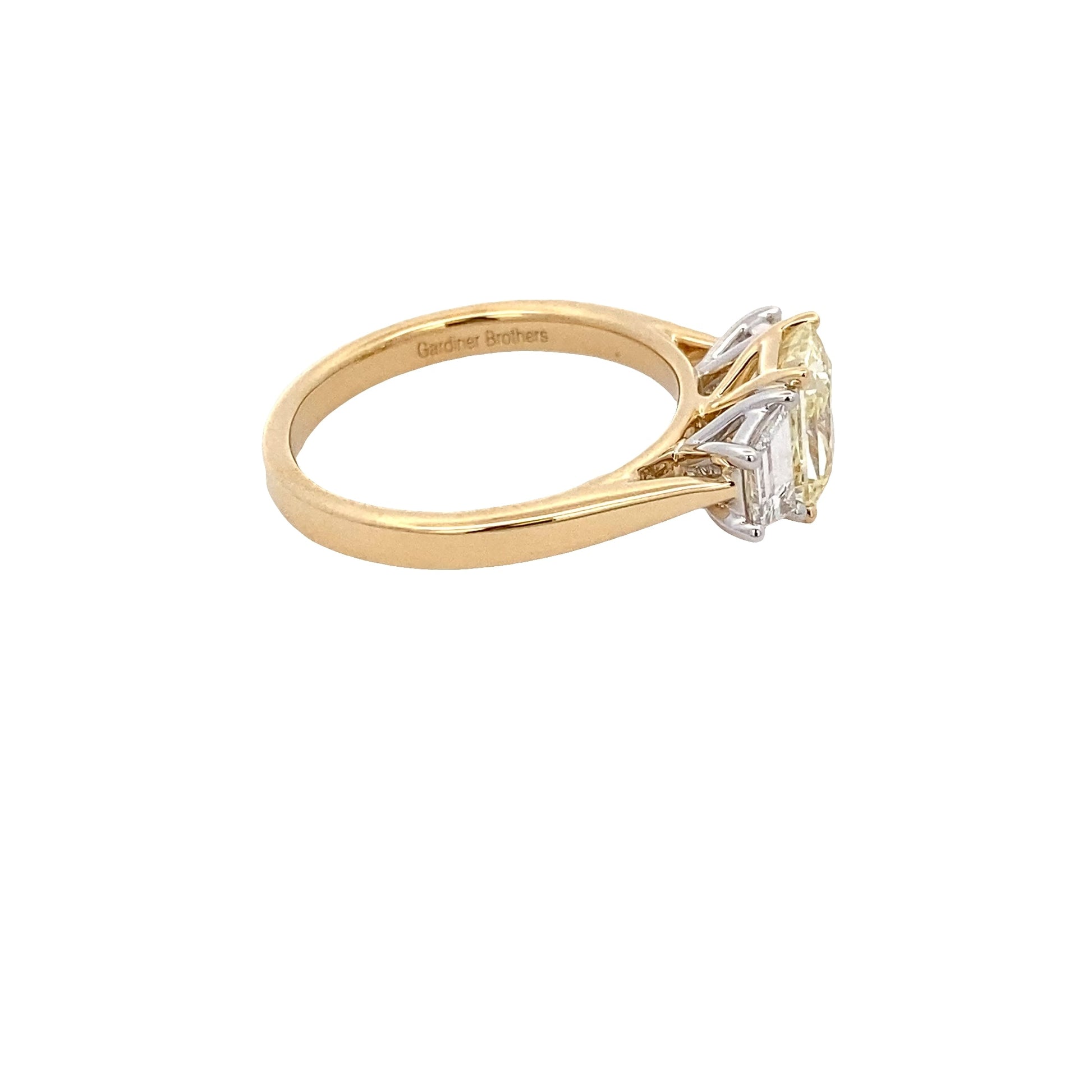 Yellow Gold Radiant cut yellow Diamond and white trapezoid diamond 3 stone ring - 1.93cts Gardiner Brothers