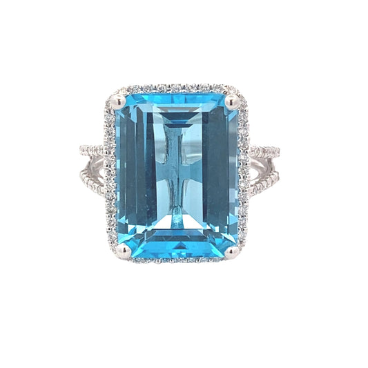 Octagonal Swiss Blue Topaz and Diamond Halo Ring Gardiner Brothers