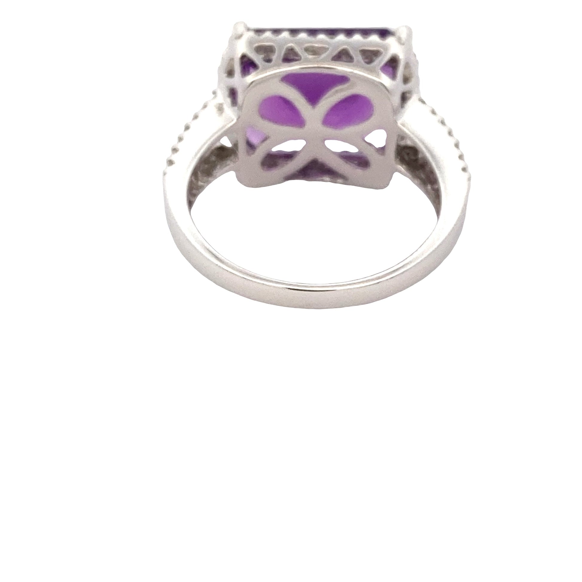 Octagonal Amethyst and Round Brilliant Cut Diamond Halo Ring with Split Diamond Set Shoulders Gardiner Brothers