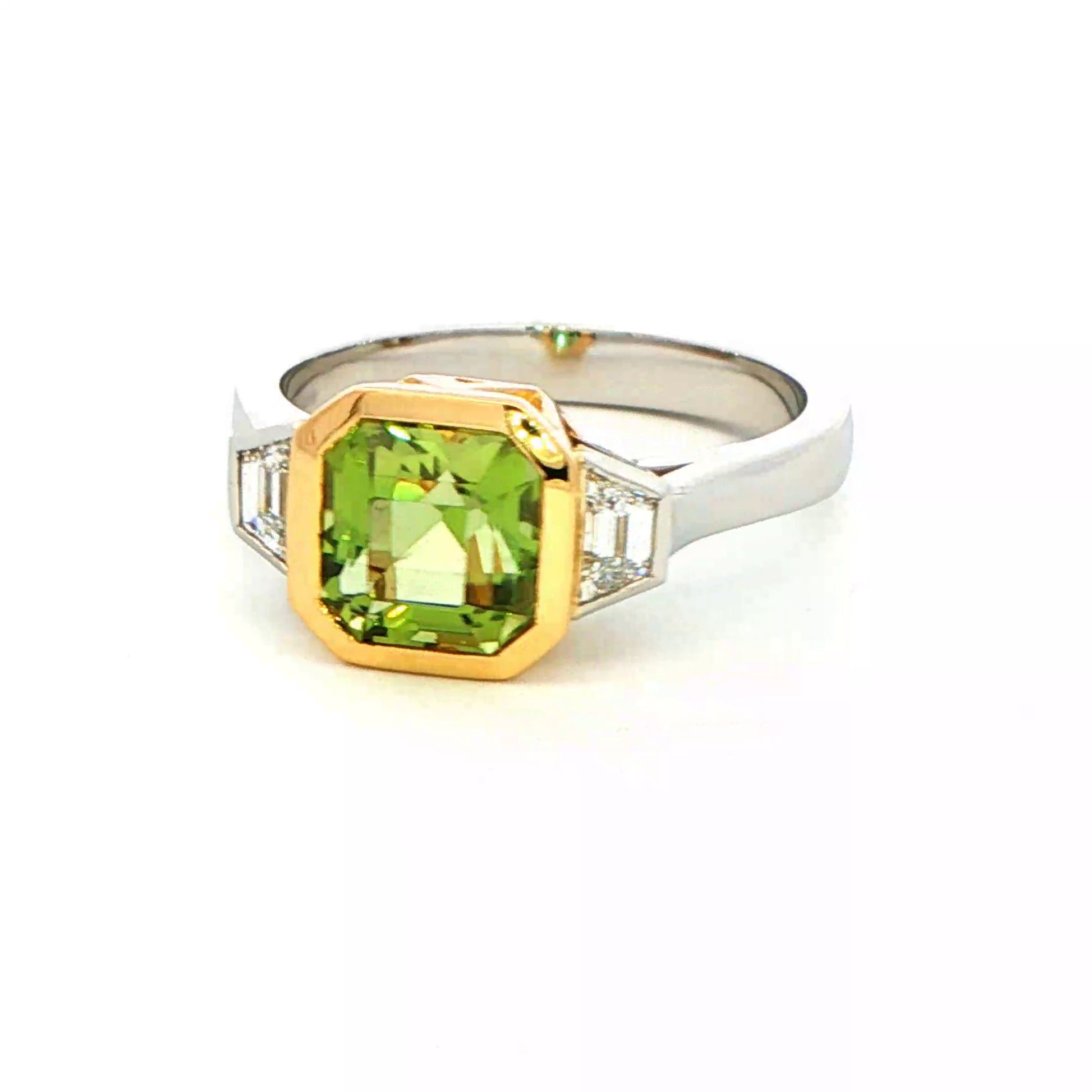 Chrome Tourmaline and Trapezoid Cut Diamond 3 Stone Ring Gardiner Brothers