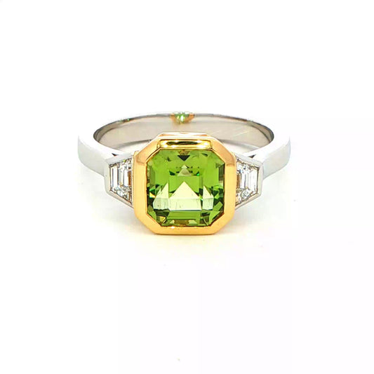 Chrome Tourmaline and Trapezoid Cut Diamond 3 Stone Ring Gardiner Brothers