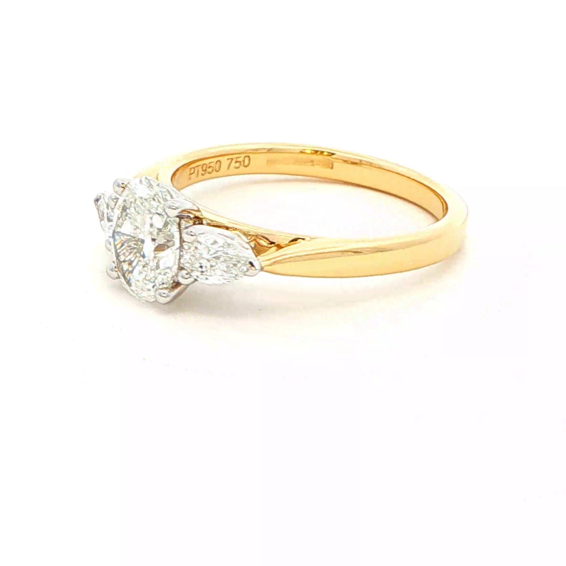 Yellow Gold Oval and Pear Shaped Diamond 3 Stone Ring - 1.30cts Gardiner Brothers