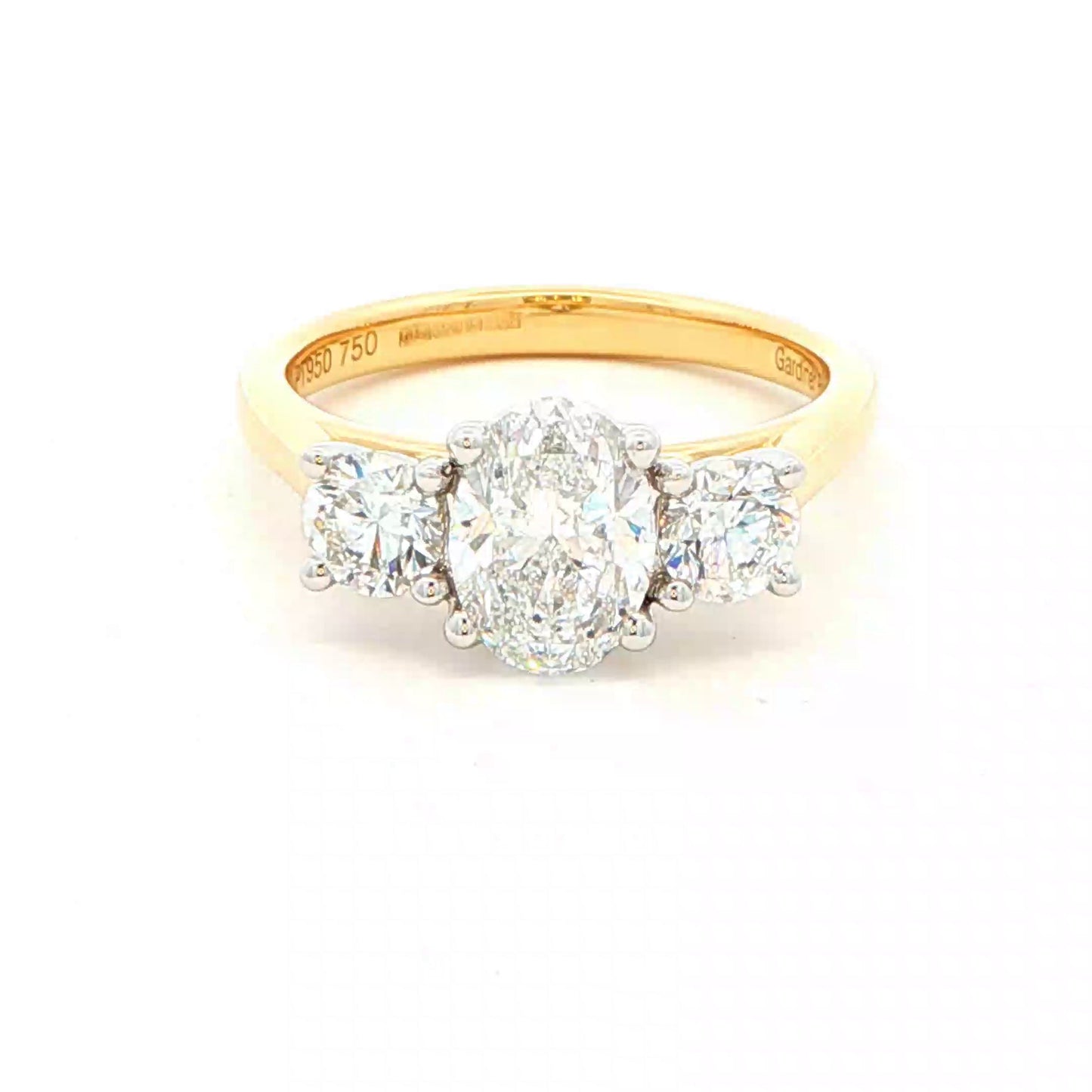 Yellow Gold Oval and round brilliant cut diamond 3 stone ring - 1.82cts Gardiner Brothers