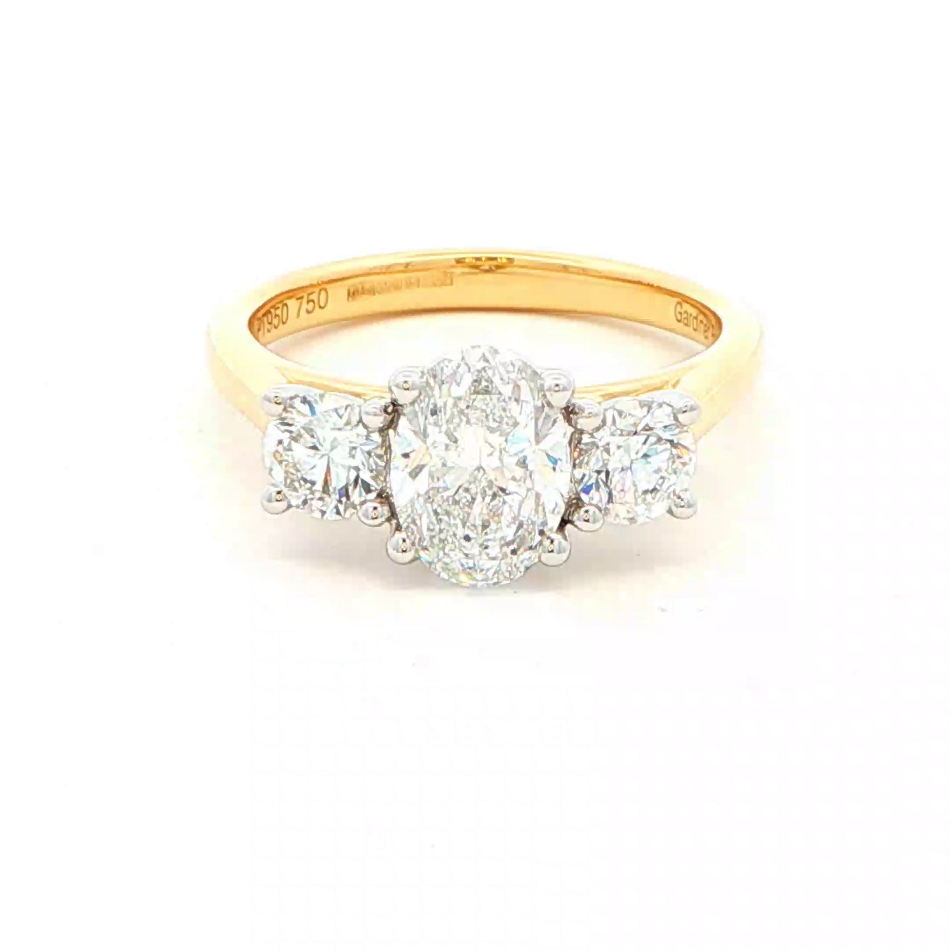 Yellow Gold Oval and round brilliant cut diamond 3 stone ring - 1.82cts Gardiner Brothers